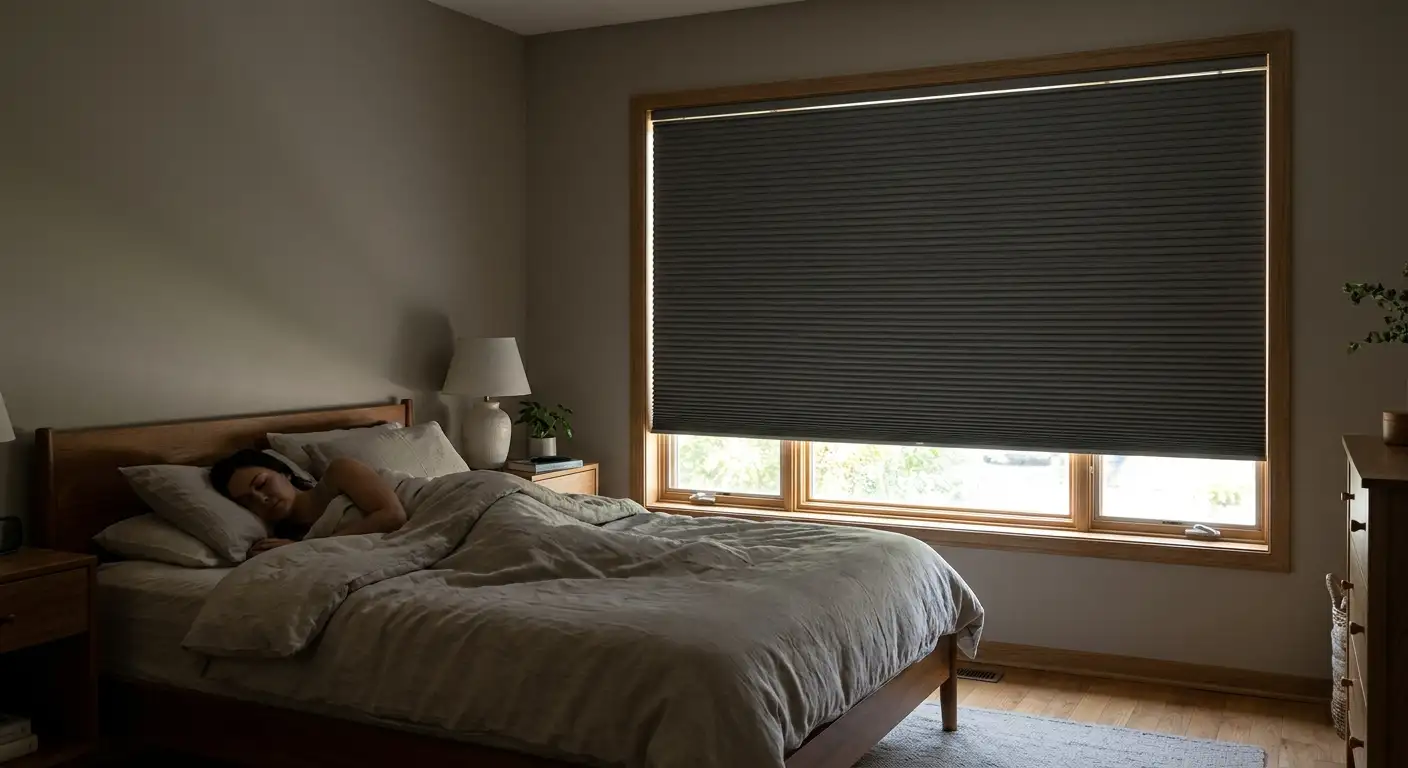 A dark, restful Ottawa bedroom with blackout shades lowered