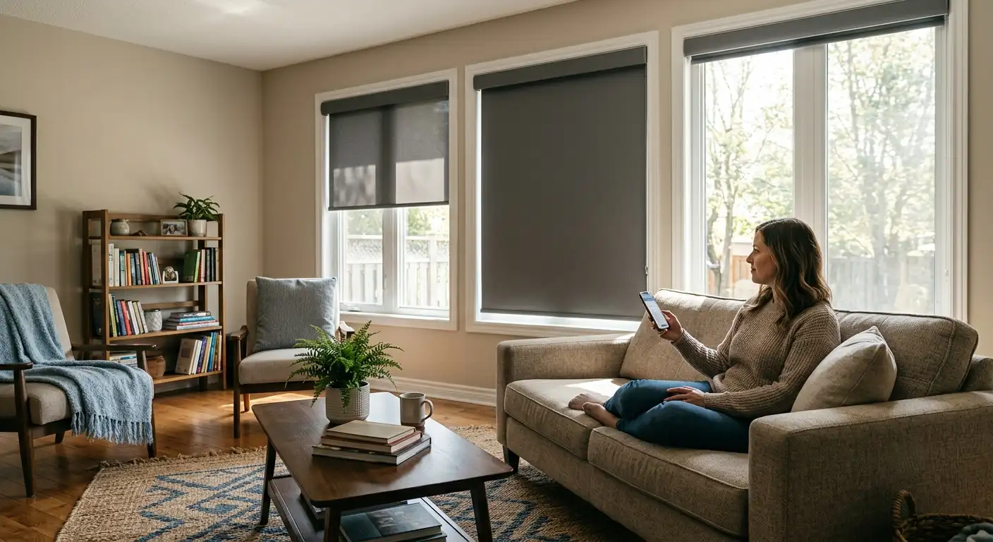 Motorized Hunter Douglas shades in a bright Ottawa living room