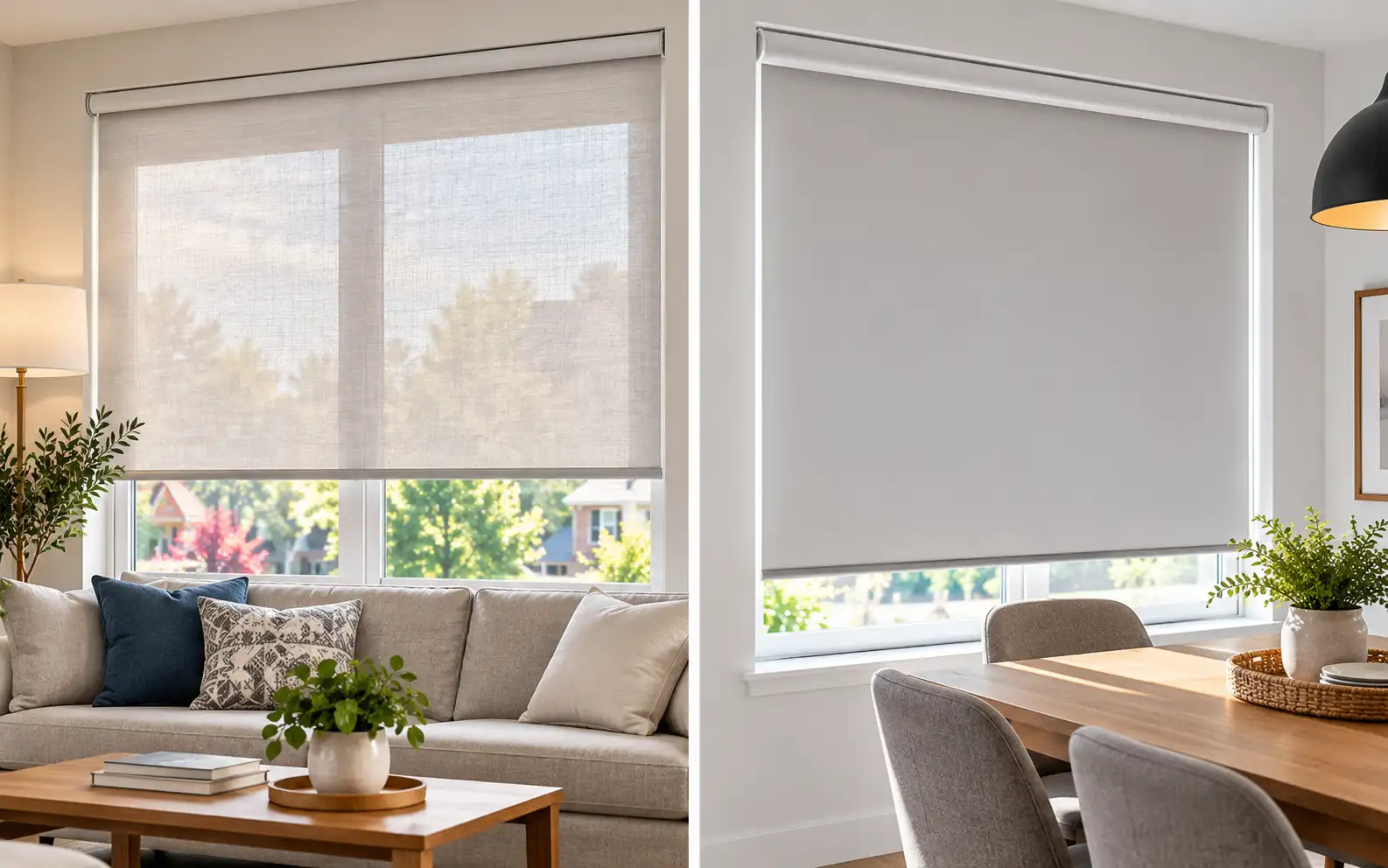 Modern Hunter Douglas roller shades on a large window in an Ottawa home