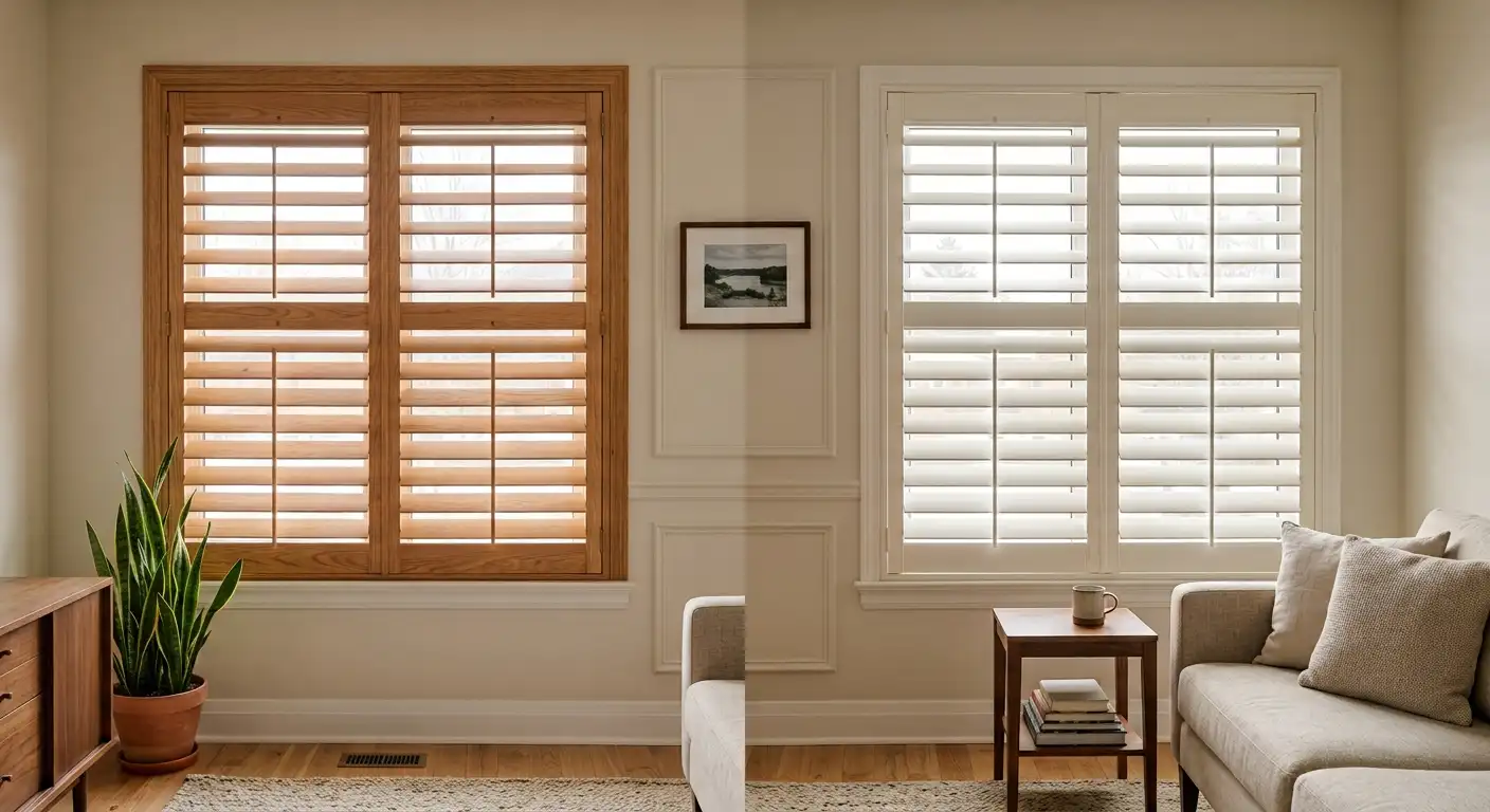 Hunter Douglas wood and composite shutters on an Ottawa home window